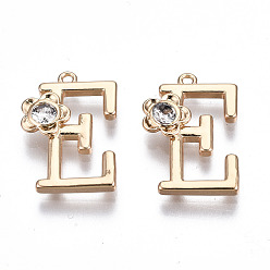 Letter E Латунные подвески, со стразами, без кадмия, без никеля и без свинца, алфавит, золотые, letter.e, 17x11x2.5 мм, отверстие : 1 мм