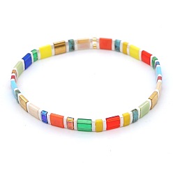 Colorful Bohemian Rainbow Glass Flat Double-Hole Bead Striped Women's Stretch Bracelets for Women, Colorful, 6.89 inch(17.5cm)