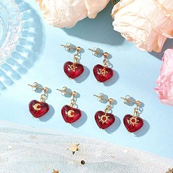 Малиновый 3пара латунных стеклянных сережек-гвоздиков, сердце с рисунком звезды, солнца и луны, золотые, малиновый, 25x15 мм