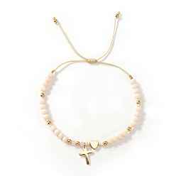 (404) Непрозрачное AB Кислое яблоко Браслеты из латуни и сплавов с подвесками, стеклянные бусины плетеные браслеты из бисера для женщин, крест и сердце, цветочный белый, 11.02 дюйм (28 см)