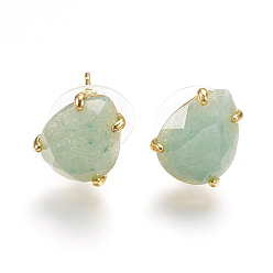 Зеленый Авантюрин Природный зеленый авантюрин серьги, с фурнитурой латунной золотого тона, Грановитая Teardrop, 13.5~14x10.5 мм , штифт: 0.8 мм
