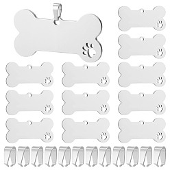 Нержавеющая Сталь Цвет 12 шт. 304 подвески из нержавеющей стали, лазерная резка, собачья кость с подвеской в виде отпечатка лапы, с 12шт. 201 защелкивающимися дужками из нержавеющей стали, цвет нержавеющей стали, собачья кость: 19.5x40x1мм, отверстие : 2 мм