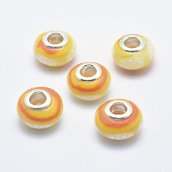 Orange Handgemachte  europäischen Fimo-Perlen, mit versilberten Messingkernen, Großloch perlen, Rondell, orange, 13~16x8~11 mm, Bohrung: 4.5~5 mm