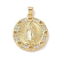 Настоящее золото 18K Религиозные латунные подвески с микропаве из прозрачного кубического циркония, плоский круглый с подвесками Девы Марии, стойки покрытие, долговечный, без кадмия и без свинца, реальный 18 k позолоченный, 26x23x3.5 мм, отверстие : 4x3.5 мм