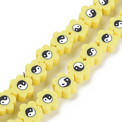 Желтый Ручной полимерные нити глины шарик, цветок с инь янь, желтые, 7~9x7~9x4~5 мм, отверстие : 1.2~1.4 мм, около 40 шт / нитка, 12.24 дюйм ~ 12.80 дюйм (31.1 см ~ 32.5 см)