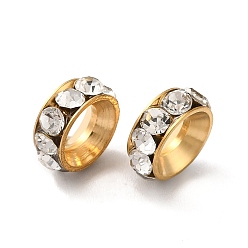 Настоящее золото 18K Ионное покрытие (ip) 202 европейские бусины со стразами из нержавеющей стали, бусины с большим отверстием, плоско-круглые, реальный 18 k позолоченный, 9.5x3.5 мм, отверстие : 5 мм