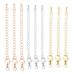 Golden 6 Pcs Long-Lasting Plated Brass Chain Extender, with Lobster Claw Clasps and Bead Tips, Golden, 12x7x3mm, Hole: 3.5mm, Extend Chain: 65mm, 2 Pcs/color
