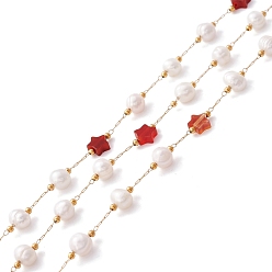 Red Agate Natural Red Agate Star and Pearl Beaded Chains, with Stainless Steel Findings, Long-Lasting Plated, Soldered, with Spool, Golden, Link: 2x0.5x0.1mm, Bead: 5.5~7x5.5~6mm, Star: 6x6~6.5x2.5~3mm
