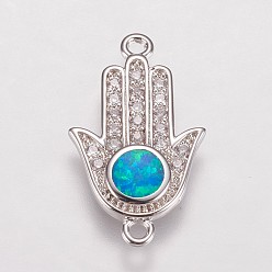 Темно-Голубой Латунные микро проложить кубических ссылки циркония, с синтетическим опалом, hamsa рука / рука fatima / рука miriam, платина, глубокое синее небо, 19.5x11.5x1.5 мм, отверстие : 1 мм