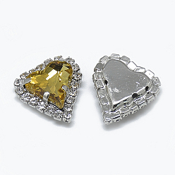 Topaz Sew on Rhinestone, Multi-strand Links, Glass Rhinestone, with Platinum Tone Brass Prong Settings, Garments Accessories, Heart, Topaz, 18x17x6mm, Hole: 0.8mm