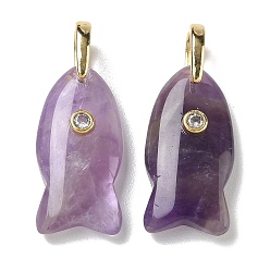Amethyst Natural Amethyst Pendants, Fish Charms with Brass Micro Pave Clear Cubic Zirconia Findings, Golden, 27~27.5x13.5~14.5x7~7.5mm, Hole: 6.5x4.5mm
