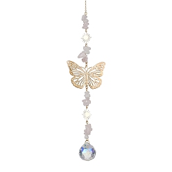 Rose Quartz Butterfly Brass Pendant Decorations, with Glass Pendants and Rose Quartz Beads, 315mm