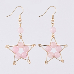 Розовый Кварц Естественно выросли болтаться серьги кварцевые, с позолоченной железной проушиной и латунными крючками для сережек, звезда, 55 мм , штифт: 0.7 мм
