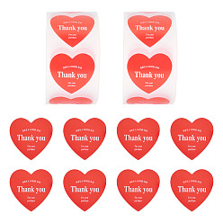 Red 2Roll Heart with Thank You Roll Stickers, Self-Adhesive Paper Gift Tag Stickers, for Party Decorative Presents Thaksgiving Day, Red, 25x25x0.1mm, 2roll/set