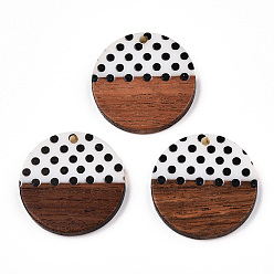 White Printed Opaque Resin & Walnut Wood Pendants, Flat Round Charm with Polka Dot Pattern, White, 28x3.5mm, Hole: 2mm