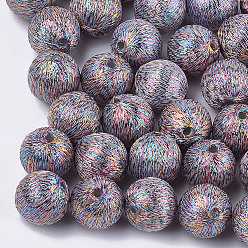Colorful Polyester Thread Fabric Covered Beads, with ABS Plastic Inside, Round, Colorful, 12x13mm, Hole: 2mm