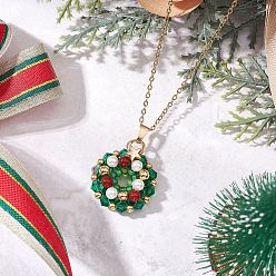 Зеленый Подвеска в виде рождественского венка из натурального сердолика, биконуса, стеклянных ракушек, жемчуга и бисера 304 ожерелья из нержавеющей стали с цепочкой для женщин, золотые, зелёные, 17.68 дюйм (44.9 см)