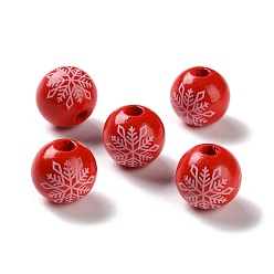 Красный Набивные деревянные европейские бусины, круглый со снежинкой, красные, 16x15 мм, отверстие : 4 мм