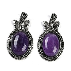 Аметист Подвески из натурального аметиста , овальные подвески-бабочки, со сплавочной фурнитурой античного серебряного тона, без кадмия и без свинца, 42.5x26x8.5 мм, отверстие : 4x6 мм