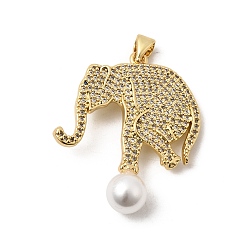 Настоящее золото 18K Латунные микро проложить кубического циркония подвески, с ABS имитации жемчуга, долговечный, стойки покрытие, без свинца и без кадмия, Слон прелести, реальный 18 k позолоченный, 33x29.5x2.5~8 мм, отверстие : 4x3.5 мм
