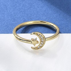 Настоящее золото 18K Регулируемые латунные кольца микро манжеты из прозрачного циркония, открытые кольца, долговечный, Луна и звезды, реальный 18 k позолоченный, внутренний диаметр: 15.2 мм
