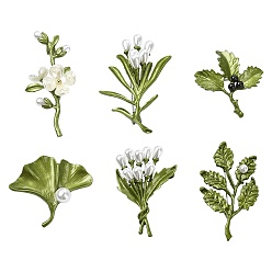 Olive Drab 6Pcs 6 Styles Baking Paint Alloy Lapel Pins for Backpack Clothes, Leaf & Flower, with Plastic Pearl, Olive Drab, 36.5~61x25~42mm, 1pc/style