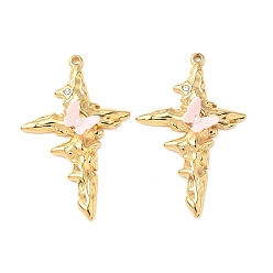 Настоящее золото 18K 304 подвески из нержавеющей стали смолы, крест и бабочка, со стразами и пластиковой имитацией жемчуга, реальный 18 k позолоченный, 38x24x5.5 мм, отверстие : 1.4 мм