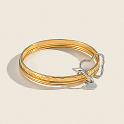 Real 18K Gold Plated 304 Stainless Steel Textured 3-Strand Bangle Sets with Heart Links, Stackable Bangles for Women, Real 18K Gold Plated, Inner Diameter: 2.36 inch(6cm), 3pcs/set