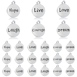 Antique Silver 180Pcs 6 Style Tibetan Style Alloy Pendants, Flat Round with Mixed Word, Antique Silver, 17x14x2mm, Hole: 1.6mm, 30pcs/style