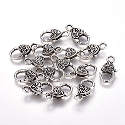 Antique Silver Tibetan Style Heart Lobster Claw Clasps, Cadmium Free & Nickel Free & Lead Free, Antique Silver, 26.5x14x6mm, Hole: 4mm