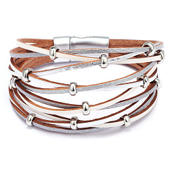 White PU Leather Multi-strand Bracelets, with Alloy Magnetic Clasp and Alloy Beads, White, 7-1/2 inch(19cm), 35mm