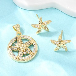 Морская звезда Комплект из латунного кулона и серег-гвоздиков с микропаве из кубических цирконий для женщин, реальный 18 k позолоченный, морская звезда, 11.5x12 мм, 20.5x18x4 мм, отверстие : 5x3.5 мм