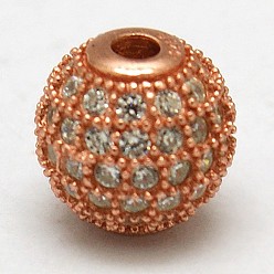 Розовое Золото Круглые 925 серебро бусы, с микро проложить кубического циркония, розовое золото , 8 мм, отверстие : 1 мм
