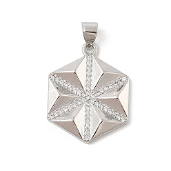 Платина Латунные микро проложить кубического циркония подвески, без кадмия и без свинца, шестигранные прелести, платина, 23x18x3 мм, отверстие : 5x3.5 мм