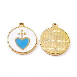 Deep Sky Blue Vacuum Plating 201 Stainless Steel Pendants, with Enamel, Real 18K Gold Plated, Flat Round with Heart Charm, Deep Sky Blue, 23.5x20x2.7mm, Hole: 1.7mm