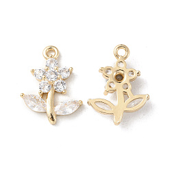 Light Gold Brass Pave Cubic Zirconia Pendants, Flower Charm, Light Gold, 19.5x15x4.5mm, Hole: 1.5mm