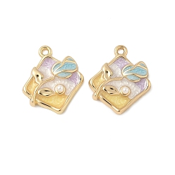 Золотой Подвески из эмали и сплава, с имитацией абс-скульптуры, ромб с цветочной подвеской, стойки покрытие, без свинца и без кадмия, золотые, 17.5x15x4 мм, отверстие : 1.6 мм