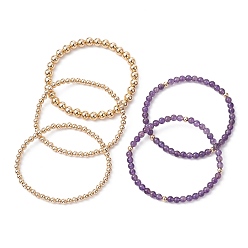 Amethyst 5Pcs 5 Style Natural Amethyst & Brass Beaded Stretch Bracelets Set for Women, Inner Diameter: 2-1/8 inch(5.4cm), 1Pc/style