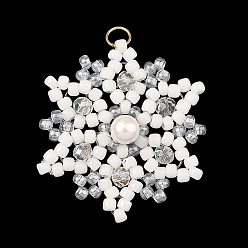 Blanco Colgantes de cuentas de semillas de vidrio y perlas de concha, encantos de copo de nieve, con 304 anillos de salto abiertos de acero inoxidable, blanco, 27x24x4 mm, agujero: 2.5 mm