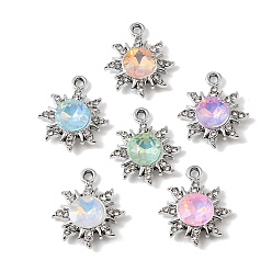 Platinum UV Plating Alloy Glass Pendants, Sun Charm, with Rhinestone, Faceted, Mixed Color, Platinum, 20.5x17.5x5.3mm, Hole: 1.8mm