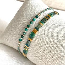 Green 2Pcs 2 Styles Natural Fuchsite & Glass & Iron Braided Bead Bracelet Sets, Adjustable Stackable Bracelets for Women, Faceted Round and Rectangle, Golden, Green, 11.02 inch(28cm), 1pc/style