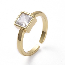Golden Adjustable Brass Cuff Finger Rings, Solitaire Rings with Micro Pave Cubic Zirconia, Clear, Golden, US Size 6(16.5mm)