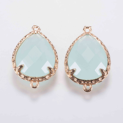 Pale Turquoise Glass Links connectors, with Brass Finding, Faceted, teardrop, Golden, Pale Turquoise, 23.5x14.5x5mm, Hole: 0.8mm