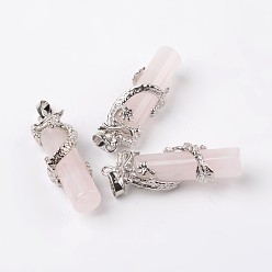 Розовый Кварц Трубка натуральный розовый кварц подвески, с латунной фурнитурой дракона , платина, 48x15x10 мм, отверстие : 7x5 мм