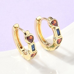 Настоящее золото 18K Серьги-кольца с сердцем и прямоугольником из латуни с микропаве из разноцветных кубических цирконий, стойки покрытие, долговечный, без кадмия и без свинца, реальный 18 k позолоченный, 15x4 мм
