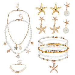 Golden Jewelry Sets for Women, including Stretch Anklets Sets, Double Layer Necklaces, Stud Earrings, Starfish, Golden