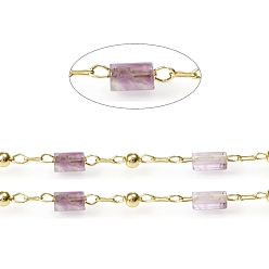 Amethyst Handmade Natural Amethyst Beaded Chains, Real 18K Gold Plated Plated Brass Chains, Soldered, with Spool, Long-Lasting Plated, 4~5x2~2.5mm, Beads: 2mm, Link: 2x1x0.2mm and 2x1.5x0.2mm, about 32.8 Feet(10m)/roll