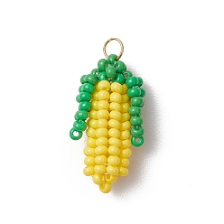 Желтый Круглые стеклянные бусины из кукурузы подвески, с настоящими 18позолоченными 304 кольцами из нержавеющей стали, желтые, 23.5x12x7.5 мм, отверстие : 3 мм