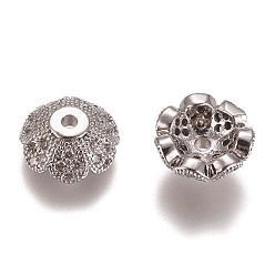 Platinum Multi-Petal Brass Micro Pave Clear Cubic Zirconia Bead Caps, Flower, Platinum, 8x3.5mm, Hole: 1.2mm