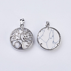 Howlite Natural Howlite Pendants, with Brass Findings, Flat Round with Tree of Life, Platinum, 31~32x27x8~9mm, Hole: 5x7mm